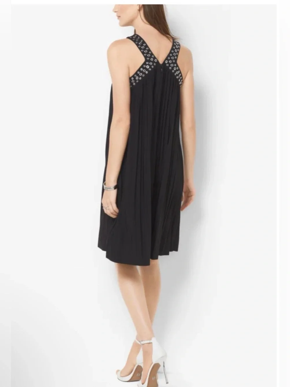 Michael Kors Bllack Stud-Detail Halter Pleated Dress